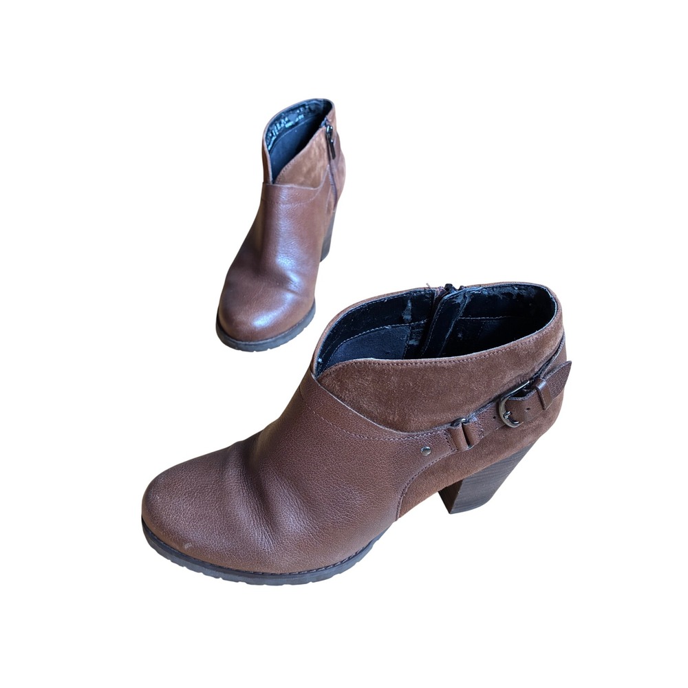 Clarks Artisan Brown Leather Suede Ankle Boots Buckle Block Heel Size 8.5 M